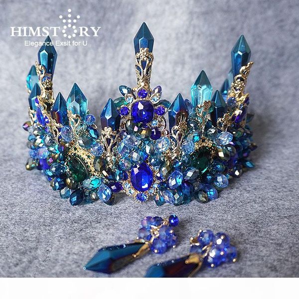 

himstory amazing brides oversize blue baroque royal crown headpiece retro green rhinestone tiara hairbands wedding hair jewelry s926, Slivery;golden