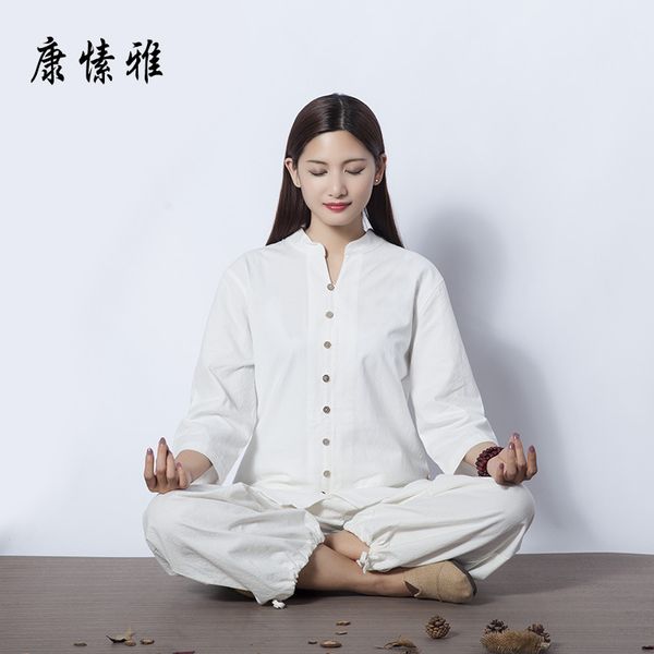 

spring summer women yoga set cotton linen loose yoga shirt wide leg pant meditataion uniform tai chi martial arts suit, White;red