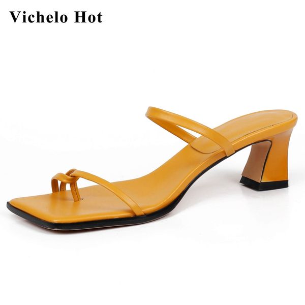 

vichelo flip-flop natural leather high heels slip on mules simple style solid summer vacation beauty lady sandals women l19, Black