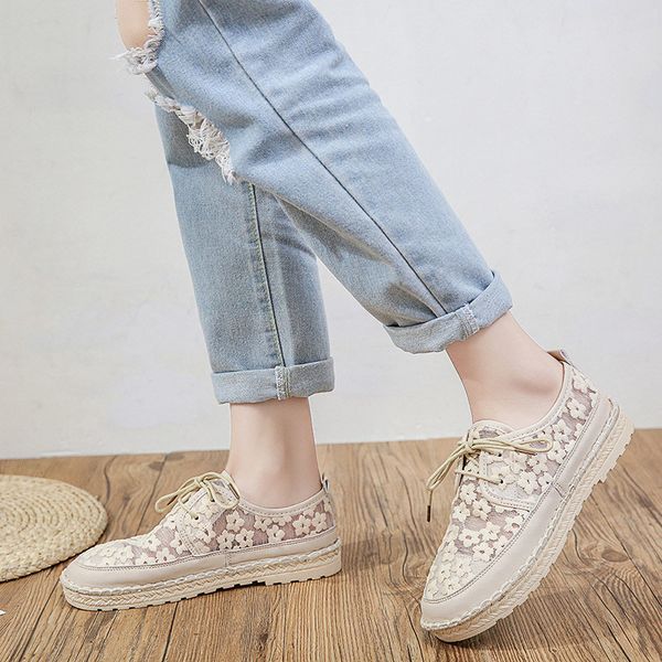 

women summer lace flower flat shoes ladies lace up sewing solid flats shoe femlae fashion casual footwear woman breathable shoe, Black