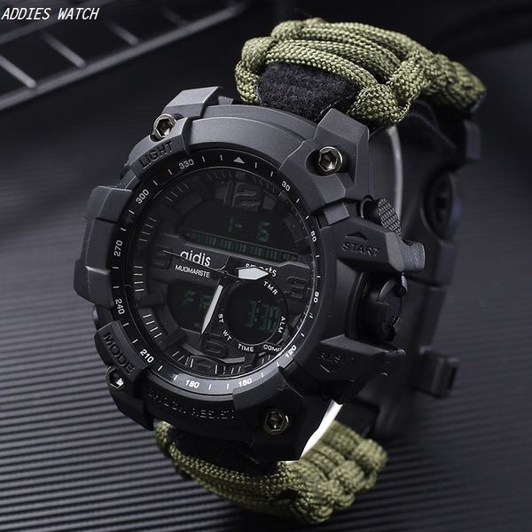 

30 meters waterproof digital male watch compass men's sports watch umbrella rope adjustable band outdoor for man, Slivery;brown