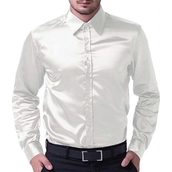 

pure color men formal satin shirts shiny silk wedding shirt male slim long sleeve turn-down collar soft men's clothes shirt, White;black