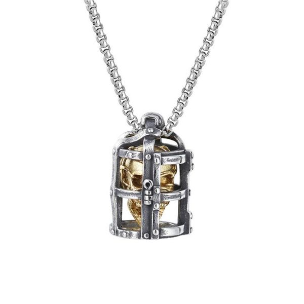 

stainless steel gold skull iron cage pendant necklace skull vintage charm jewelry halloween gift, Silver