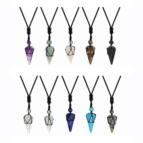 

long chain hexagonal point pendants healing quartz crystal dowsing pendulums reiki chakra yoga necklaces cord adjustable for women men, Silver