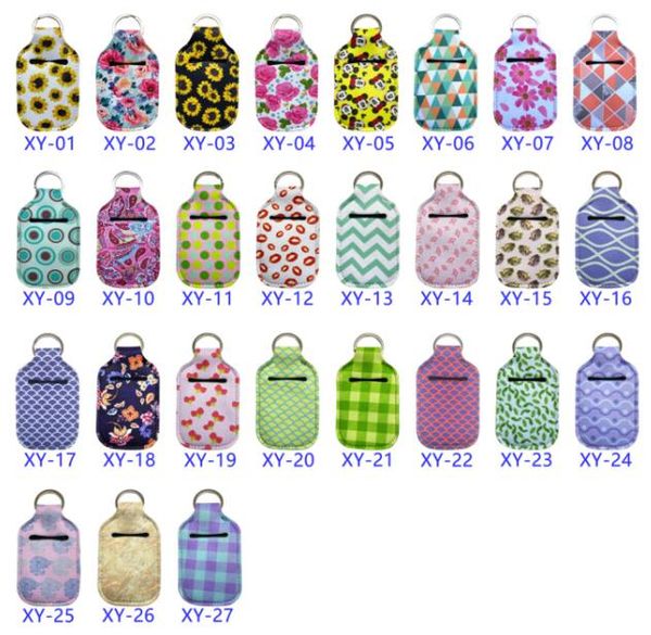 

146 styles hand sanitizer bottle holder 30ml travel size portable neoprene cover with keychain sunflower printing hand soap bottle bag b1581, Red;brown