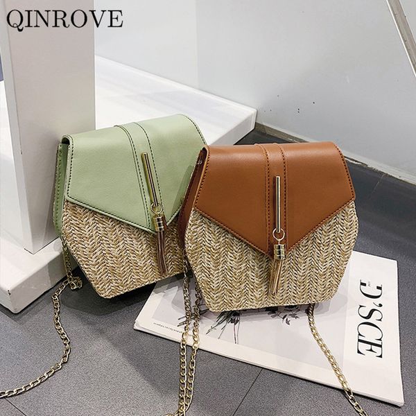 

2020 summer straw woven bags for women tassel crossbody bag bohemia beach handmade pu straw bag with fringed metal chains strap