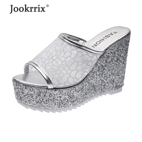 

jookrrix 2020 women summer lady fashion glitter slippers lady brand wedges thick sole shoes female comfortable sandals zs2455, Black
