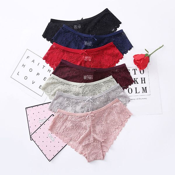 

lace panties women fashion bow floral panty girls underwear breathable tempting hollowed briefs for women lingerie 1pcs, Black;pink