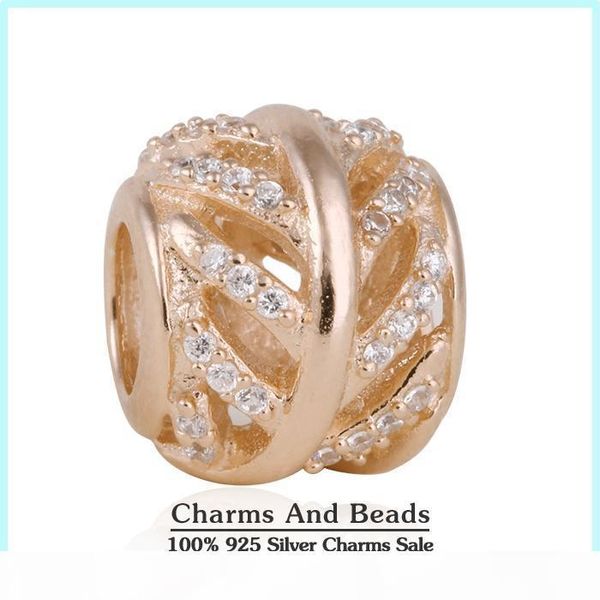 

100% 925 sterling silver & rose gold plated pave feather bead with clear cz bead fits european designer chamilia jewelry charm bracelets, Black