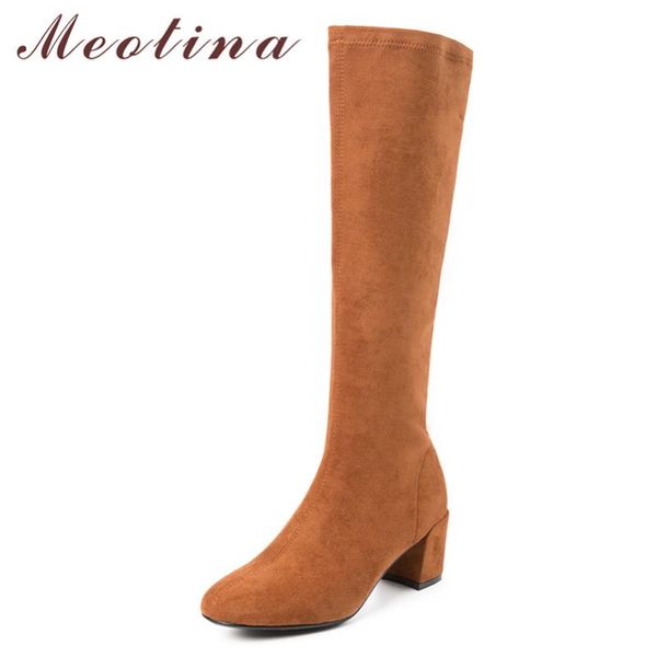 

meotina autumn knee high boots women zipper thick high heel long boots fashion round toe shoes ladies winter 2020 big size 33-43, Black