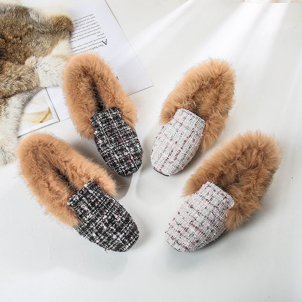 

camouflage cotton fabric furry shoes woman lazy hair plush flats plus size 34-43 moccasins square toe comfy femme loafers, Black