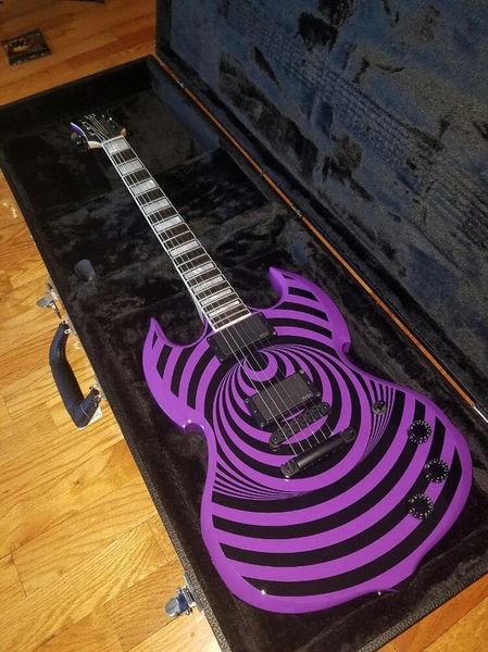 

custom zakk wylde audio purple barbarian black bullseye sg electric guitar large block inlay, black tone pros hardware, active emg pic ldo6#