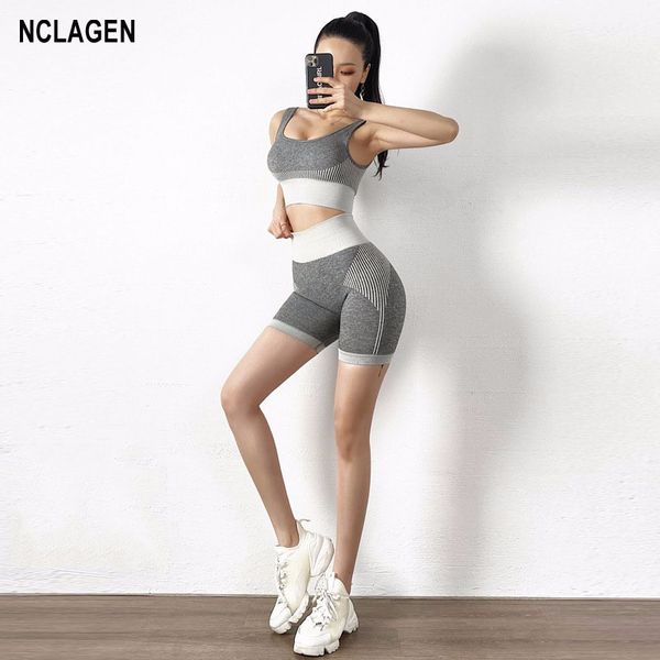 

nclagen seamless suit fitness women yoga fitness shorts set 2 piece gym running sports bra push-up elastic workout sportwear, White;red