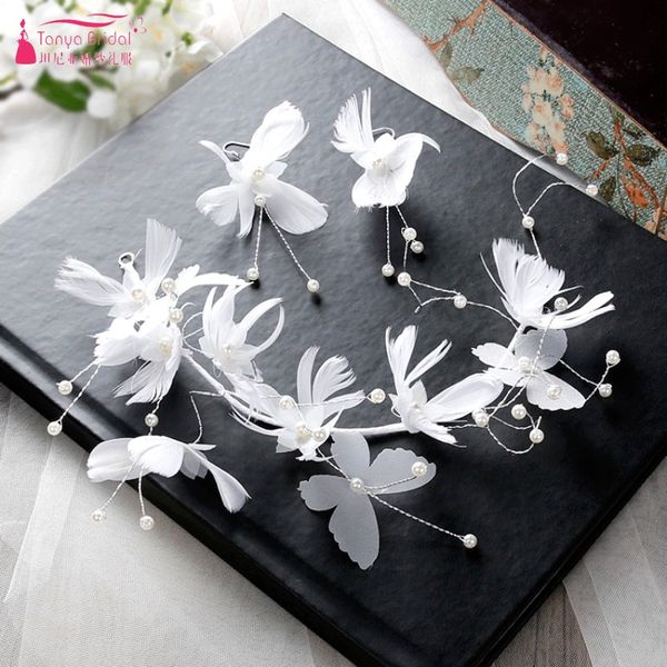 

vintage bride bridal headdress wedding fairy handmade silver beaded yarn flower feather lace headband wedding accessories dqg343
