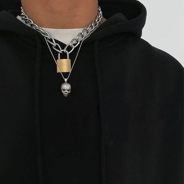

2pcs/set women necklaces set punk lock geometric clavicle chain multilayer necklace retro party female jewelry, Golden;silver