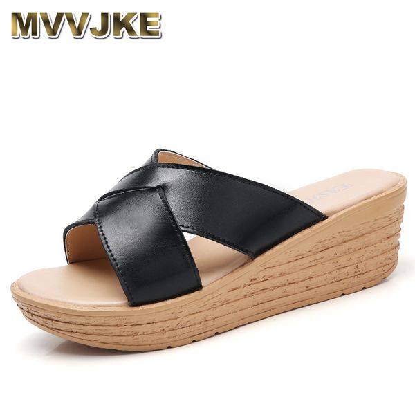 

mvvjke summer women slippers 2020 new casual genuine leather wedges shoes comfortable flip flops sandalias ladies slip-on roman, Black
