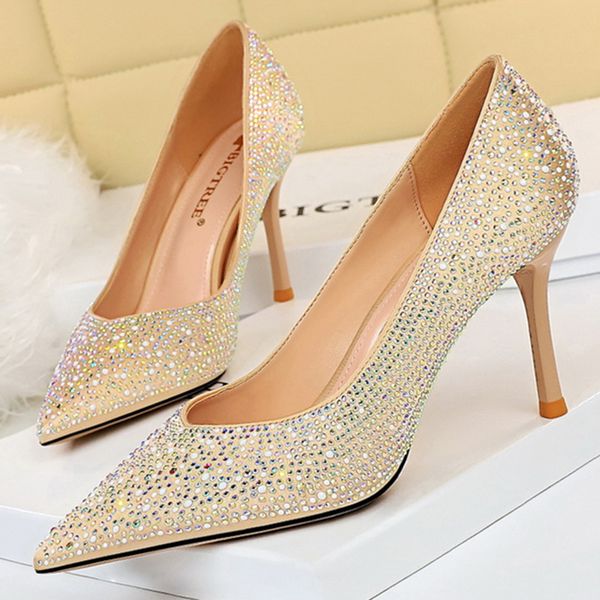 

2020 summer luxury women 8.5cm thin high heels sliver pumps bling crystal pumps rose gold sequin lady bride wedding shoes, Black