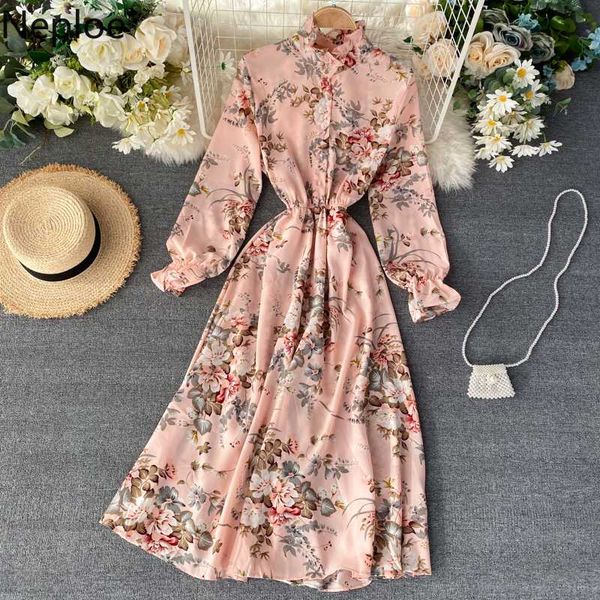 

neploe chiffon print dress women korean chic bow stand collar slim waist dresses 2020 button puff sleeve a line vestido 80819, Black;gray