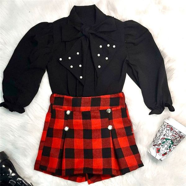 

baby girls clothes set 2020 autumn long sleeve bow blouse+plaid print skirts for girl kids clothes children holiday clothing, White