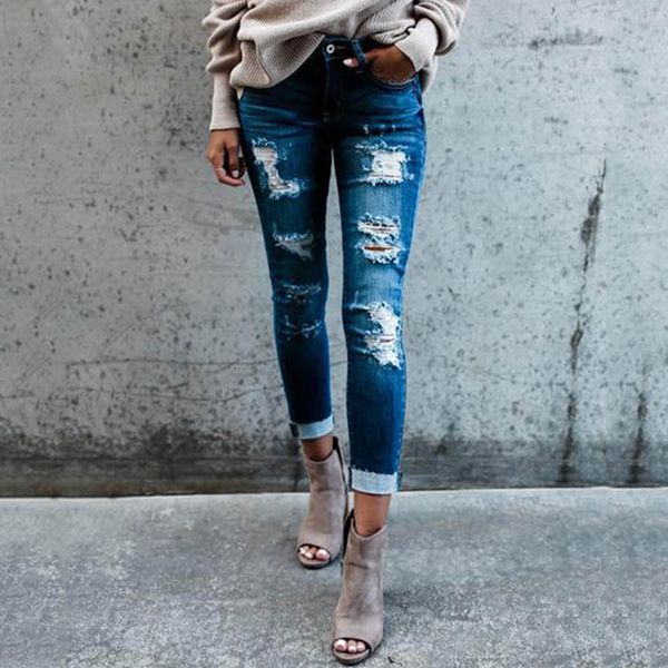 

women slim jeans street wear jeans girl cotton long solid summer ripped pants autumn clothing denim low, Blue
