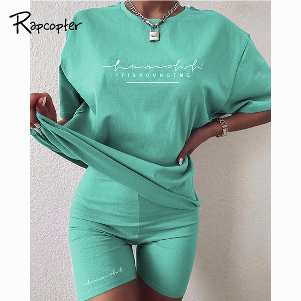 

rapcopter letter print casual women suit short sleeve oversized tshirt elastic slim shorts fashion sreetwear suit two pieces set x0923, Gray