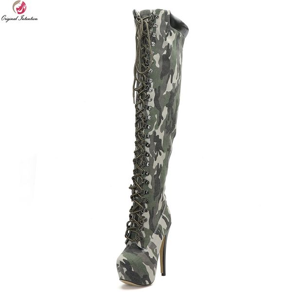 

original intention women over-the-knee boots fashion round toe thin heels boots camouflage shoes woman plus us size 4-20, Black