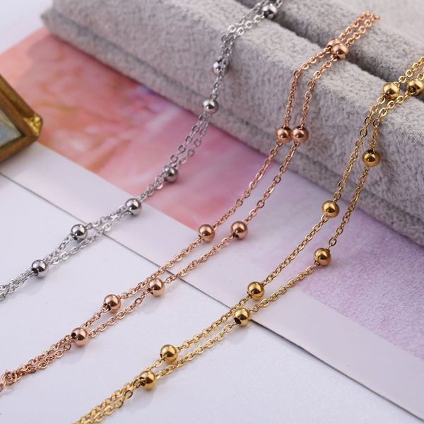 

rose gold plated stainless steel double layer chains bracelet bangle women, simple beads bracelets bangles fashion jewelry, Black