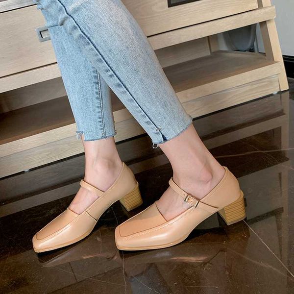 

summer 2020 new leather mid-heeled shoes fashion wild thick with mary jane shoes simple word buckle women's x047, Black