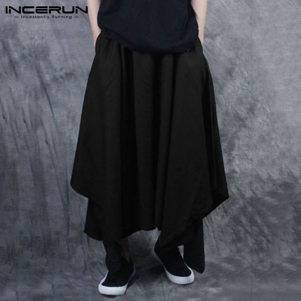 

incerun fashion men harem pants elastic waist solid color joggers baggy irregular skirts trousers streetwear pants men 2020 5xl, Black