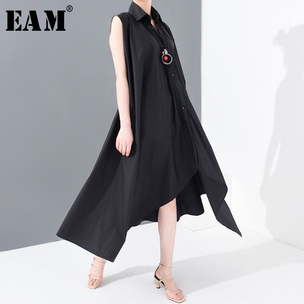 

casual dresses [eam] women blac irregular bandage long shirt dress lapel sleeveless loose fit fashion tide spring summer 2021 1t75601, Black;gray