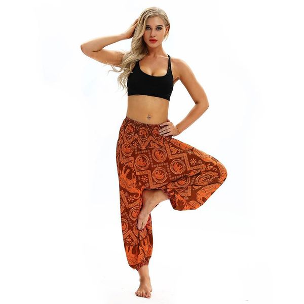 

women ethnic style high waist fitness pants elephant print yoga bloomers, White;red