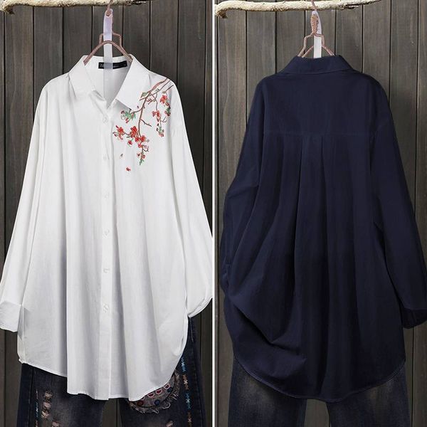 

zanzea women embroidery tunic vintage long sleeve shirt spring lapel neck buttons down blouse casual blusas chemise femme 7, White