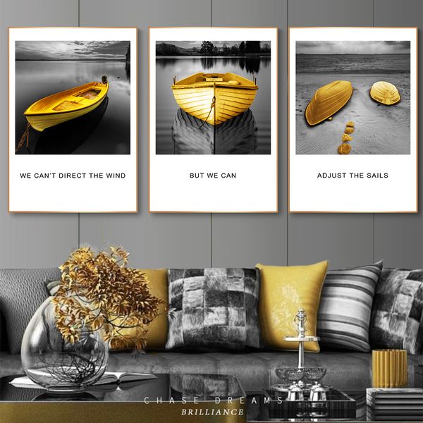

нордик картина на холсте golden boat landscape печать изображения wall art poster quote modern home decor для гостиной офиса