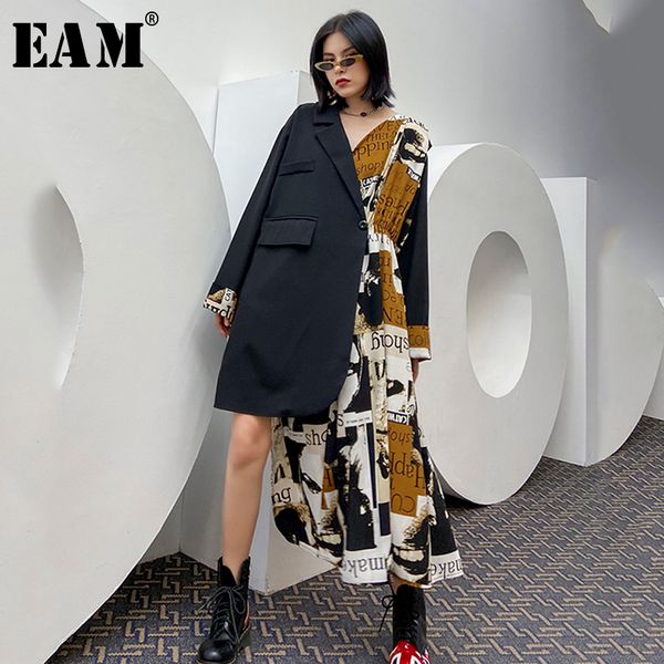 

eam] women pattern printed black irregular big size dress new lapel long sleeve loose fit fashion tide spring autumn2020 1y424, Black;gray