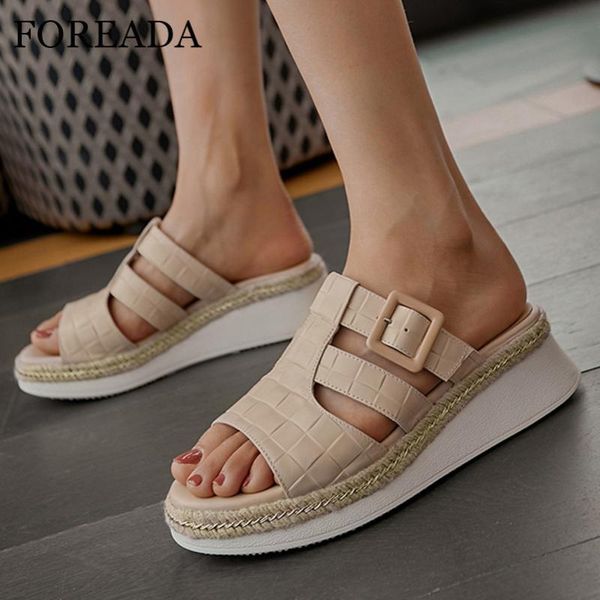 

foreada slippers natural genuine leather high heels espadrille platform wedges heel slides buckle open toe sandals female shoes, Black