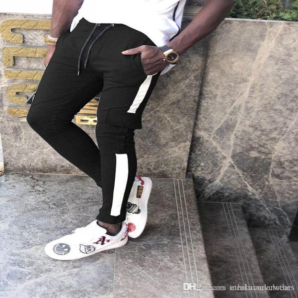 

pockets elastic waist pencil pants male sweatpants mens autumn sports athletic jogger pants, Black