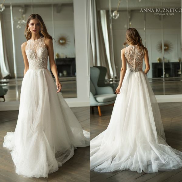 

2021 wedding dresses jewel sleeveless lace appliques beads bridal gowns custom made button back sweep train a-line wedding dress, White
