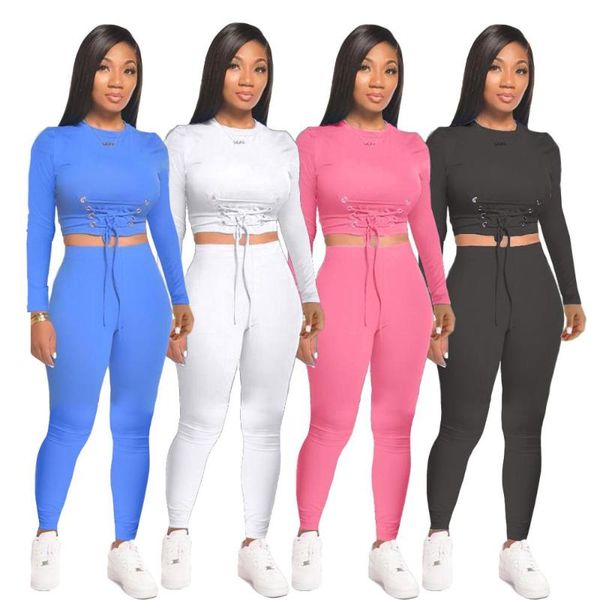 

women's tracksuits casual solid color printing two piece sets women sportwear o-neck lace-up crop high waist skinny jogger leggings, Gray