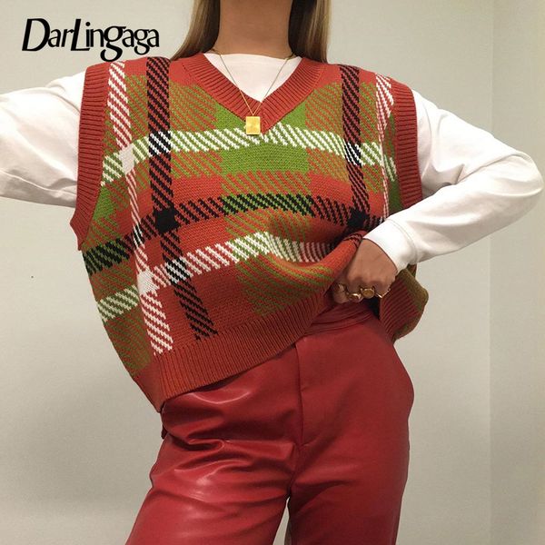 

women's vests darlingaga v neck vintage knit plaid sweater vest loose fashion autumn pullovers sleeveless knitwear sweaters korean, Black;white