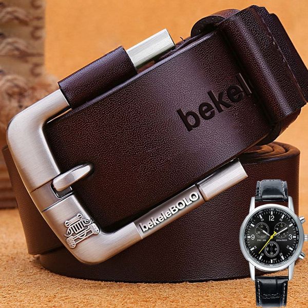 

hi-tie men's belt cowhide leather luxury strap belts for men cowboy casual fashion classice vintage pin buckle belt, Black;brown