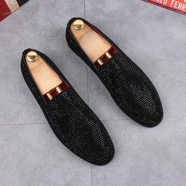 

men's fashion hip hop punk dresses cow leather shoes slip on smoking slippers black crystal loafers young personality sneakers