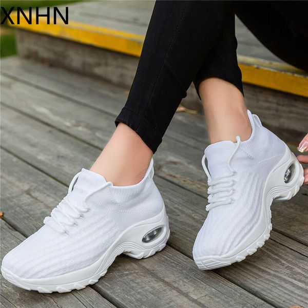 

soft lace up socks sneakers platform shoes women flats breathable casual shoes plus size outdoor trainers, Black