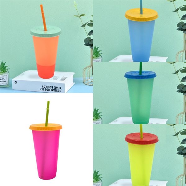 

reusable color changing cup temperature sensing tumbler with lid suction tubes coffee mugs tea clear plastic party round 5hb b2