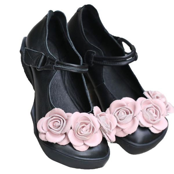 

yourseason ladies flower casual pumps genuine leather round toe hook loop handmade women retro shoes 2020 summer autumn, Black