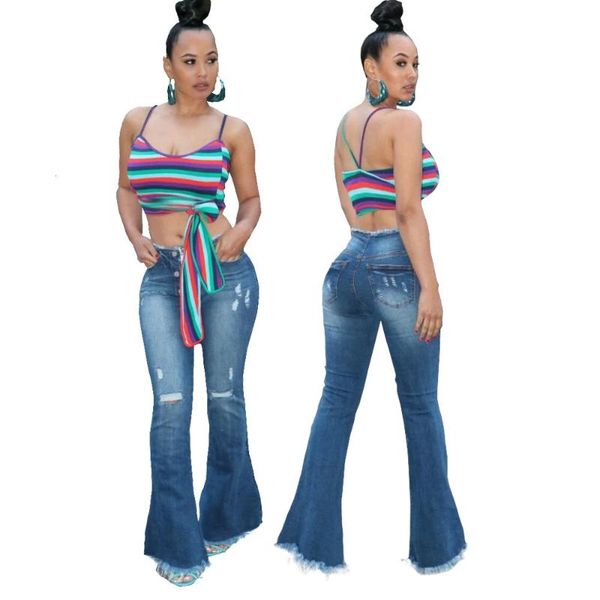 

women's jeans wide leg high waisted denim flared pants female ripped holes skinny trousers button bell-bottom jean pant 2021, Blue