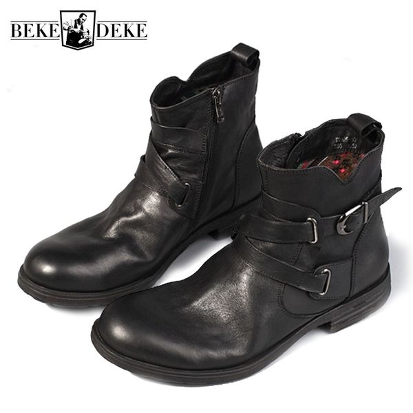 

boots retro genuine leather men brand casual high double buckle work shoes luxury handmade round toe zip dress black