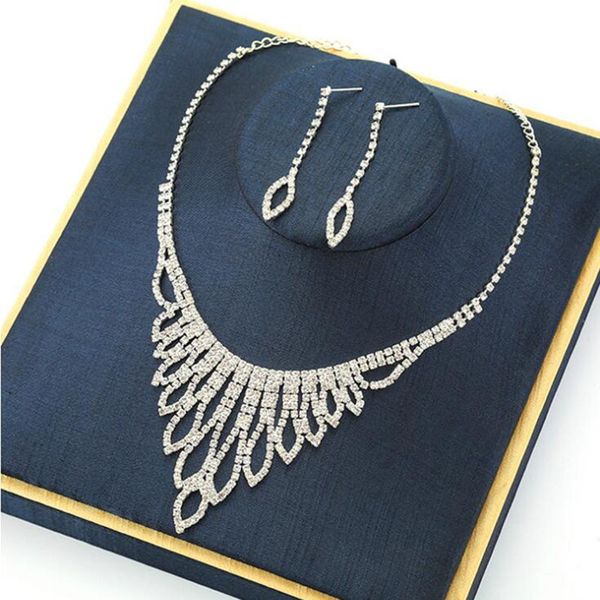 

trendy crystal water drop pendant necklace and earrings set luxury bridal jewelry sets wedding costume accessories collier femme, Silver