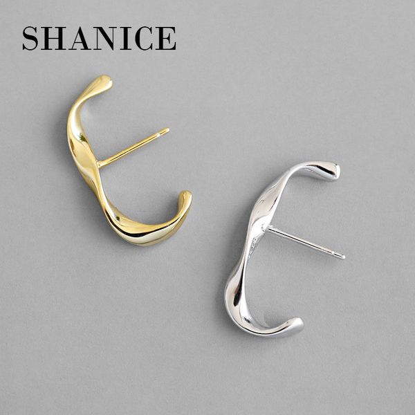 

shanice unique 925 sterling silver stud earrings for women girls niche simple c-shaped mobius twist kids piercing jewelry gift, Golden;silver
