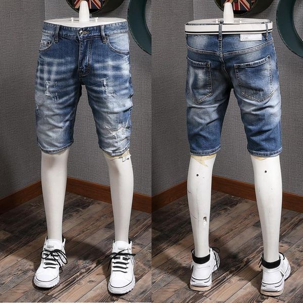 

distressed slim jeans short cowboy trousers for mens bleach washed denim shorts boys knee long, Blue