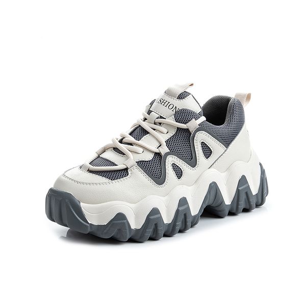 

women genuine leather casual sport shoes woman platform dad shoes women's fashion leisure breathable elevator summer flats, Black